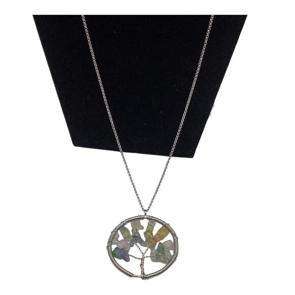 Tree Of Life Necklace With Natural Gemstones Rainbow Chain Circle Pendant - Picture 3 of 10
